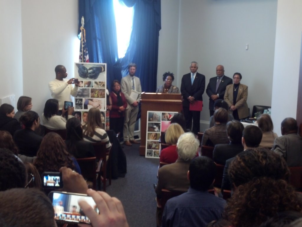 Press conference, February 27, 2018 on Capitol Hill.  L to R:  Sherri Jones, Coalition of Poultry Workers; Salvadora Roman, poultry worker; Tom Fritzche, Southern Poverty Law Center; Rep. Sheila Jackson Lee (TX-18); Hilary O. Shelton, NAACP; Rep. Bennie Thompson (MS-2); Rep. Marcia Fudge (OH-11).