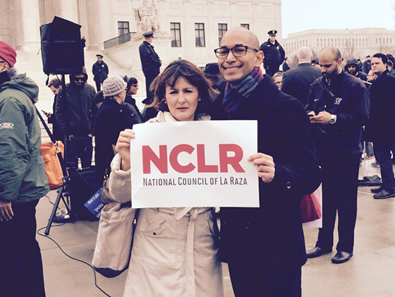 Alejandra Gepp, Director of the NCLR Institute of Hispanic Health, and Steven Lopez, Senior Health Policy Analyst outside the Supreme Court this Wedensday.