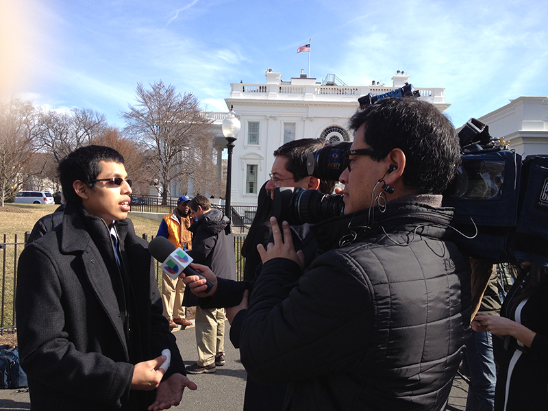 Steven Arteaga Rodriguez speaking to reporters. Photo credit: Gebe Martinez