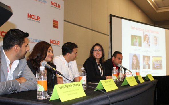 Panelists (from Left to Right): Jesus Garcia-Valadez, Head of Hispanic Communications for Google & YouTube; Lesley  Elwell, Vice President of Human Resources, Sprint; Luis Avila, NCLR Board of Directors; Andrea Belalcazar, Systems Project Manager, Latin@ VP of External Partnerships, Facebook; Miguel Soriano, Senior Concept Engineering, Shell Deepwater.