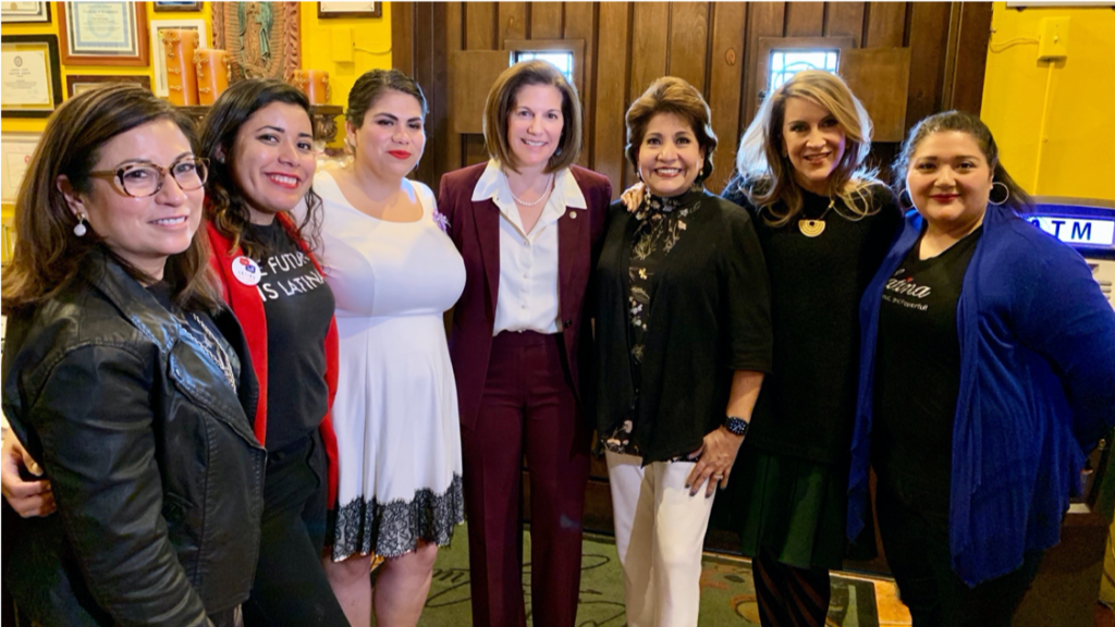 U.S. Sen. Catherine Cortez Masto (center) and UnidosUS President and CEO Janet Murguía are joined by Astrid Silva, Executive Director of Dream Big Nevada; Mayra Macías, Executive Director of Latino Victory; Cynthia Jasso-Rotunno, Latinx Political & Engagement Director at the DNC; blogger Artie Blanco; and Democratic Political Strategist Maria Cardona.