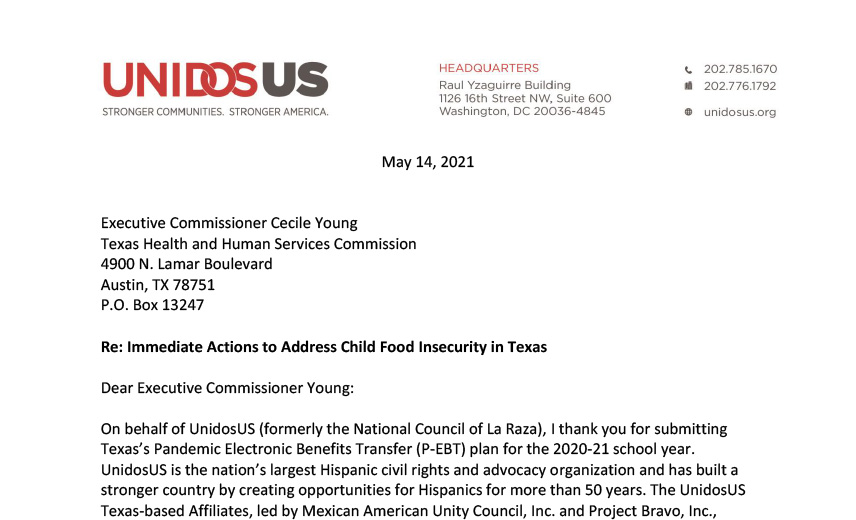 Letter on Texas PandemicEBT Application UnidosUS