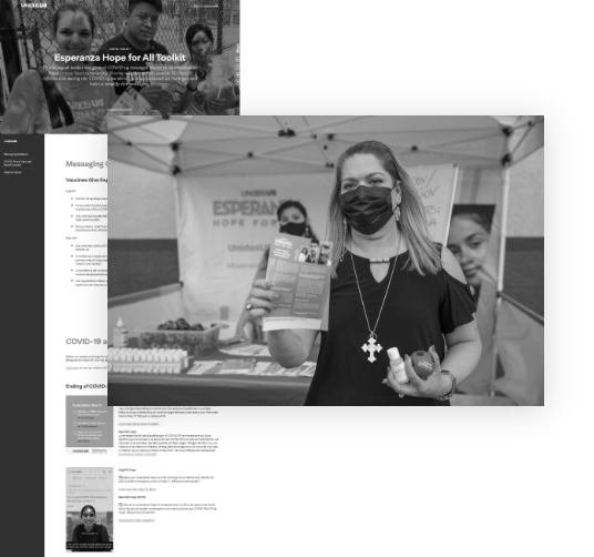 A black and white screenshot of the Esperanza Campaign digital toolkit, with a black and white photo of a woman wearing a mask and holding a brochure layered on top.