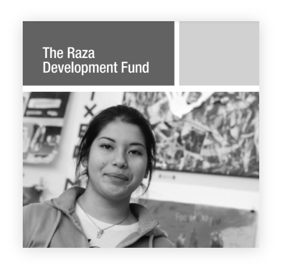 The cover of the "The Raza Development Fund" brochure in black and white.