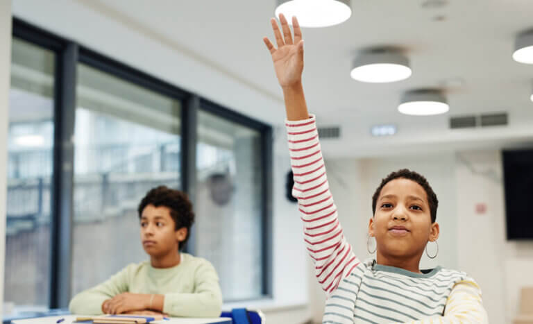 Student with hand raised in classroom