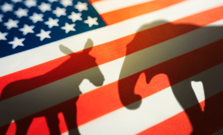 U.S. flag with shadows of animals representing Democrats and Republicans.