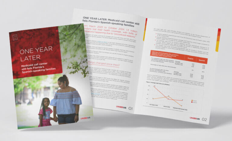 Mock-up of the cover and inside spread of UnidosUS fact sheet titled "One Year Later: Medicaid Call Center Still Fails Florida’s Spanish-Speaking Families."