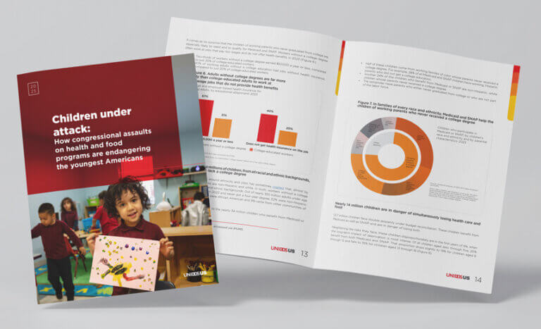 Mock-up of the cover and inside spread of UnidosUS research report titled "Children under attack: How congressional assaults on health and food programs are endangering the youngest Americans."