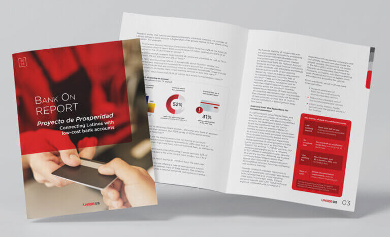 Mock-up of the cover and inside spread of UnidosUS research report titled "Proyecto de Prosperidad Connecting Latinos with low-cost bank accounts."