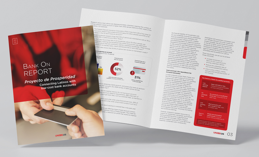 Mock-up of the cover and inside spread of UnidosUS research report titled "Proyecto de Prosperidad Connecting Latinos with low-cost bank accounts."