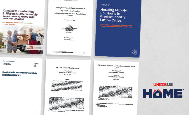 Mock-up of six covers to UnidosUS HOME (Home Ownership Means Equity) research reports.
