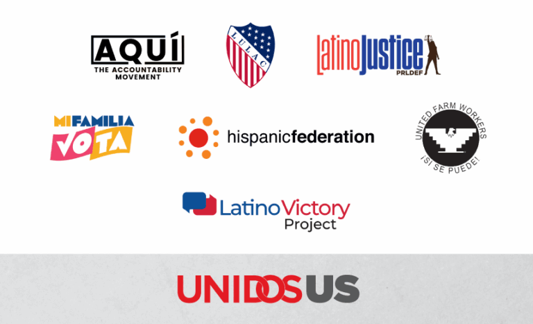 Logos of civil rights and advocacy organizations Aqui, Hispanic Federation, LatinoJustice PRLDEF, Latino Victory, LULAC, Mi Familia Vota, United Farm Workers (UFW), and UnidosUS, who signed a joint letter to Congress on U.S. Department of Homeland Security appropriations.