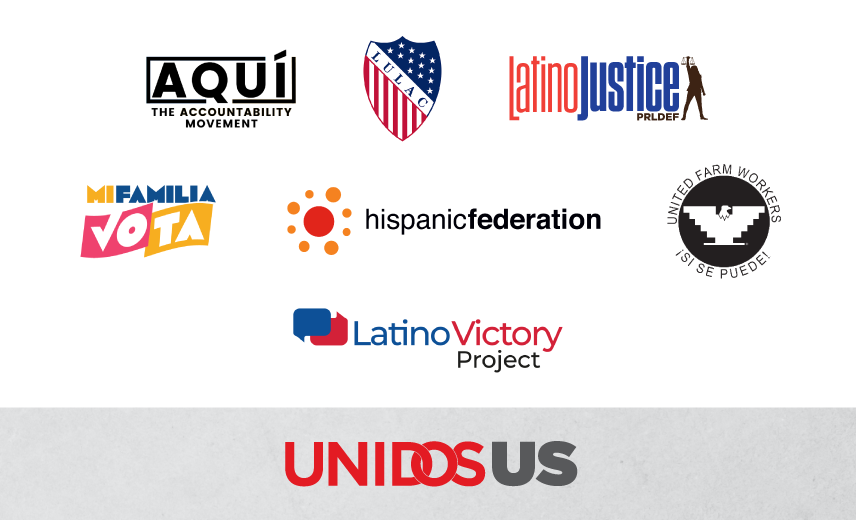 Logos of civil rights and advocacy organizations Aqui, Hispanic Federation, LatinoJustice PRLDEF, Latino Victory, LULAC, Mi Familia Vota, United Farm Workers (UFW), and UnidosUS, who signed a joint letter to Congress on U.S. Department of Homeland Security appropriations.