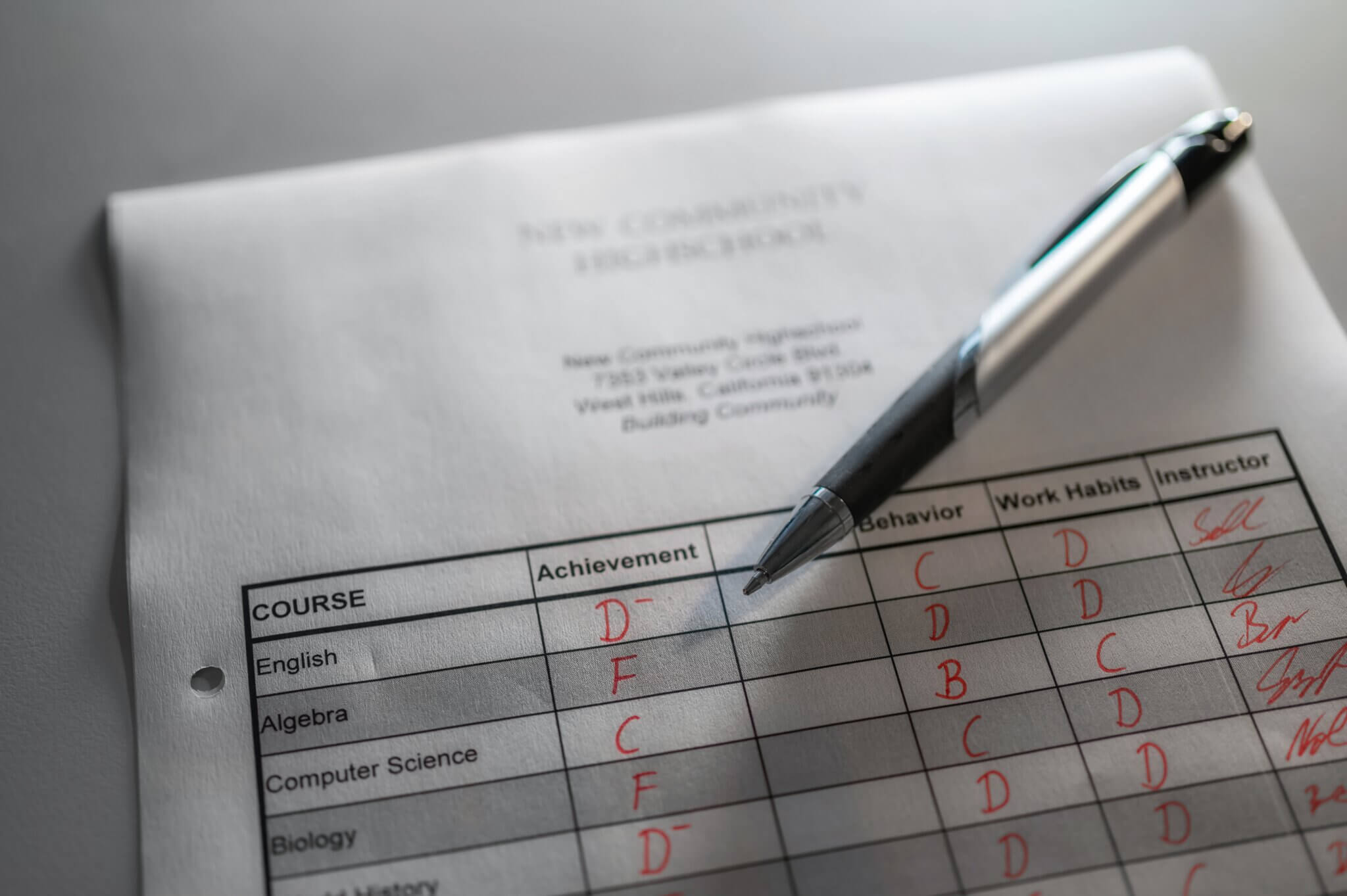 A report card showing poor results in key subject areas